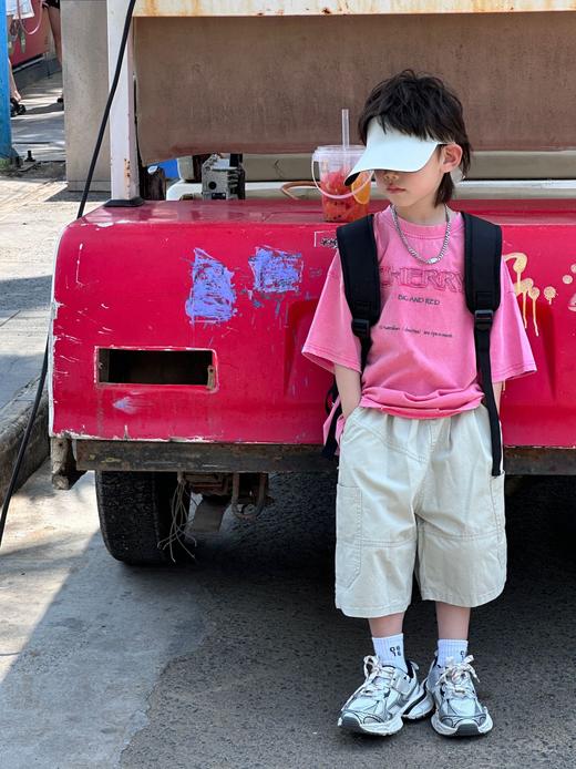 【复古工装，潮流颜值爆表！】2024夏季新款韩版男童，字母圆领套头洋气休闲短袖，儿童T恤潮套装！-ry 商品图0