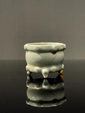 龙泉窑粉青釉鼓型三足炉，顺丰包邮