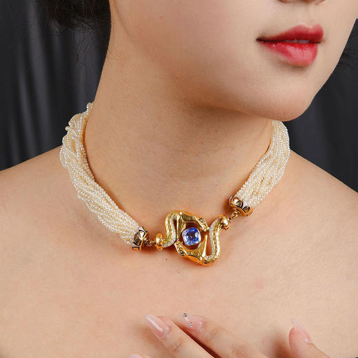 独角鹿西洋古董1920年代法国出品18K黄金镶嵌蓝宝石蛇形珍珠项链 商品图2