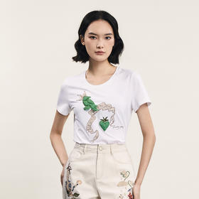 谜底圆领印花T恤女2024年夏季新品时尚绣花修身百搭上衣242MT0527