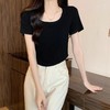 【69元2件】女法式方领短袖T恤 夏季辣妹弧形不规则下摆 纯色短款修身正肩内搭打底上衣 商品缩略图3