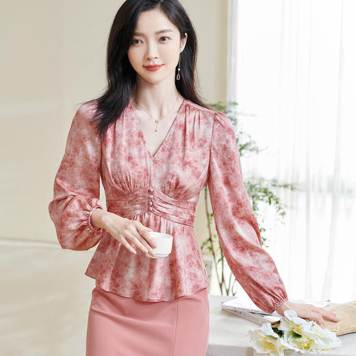 米思阳2026春季新款优雅修身气质衬衫高腰风琴褶设计晕染上衣0265 商品图2