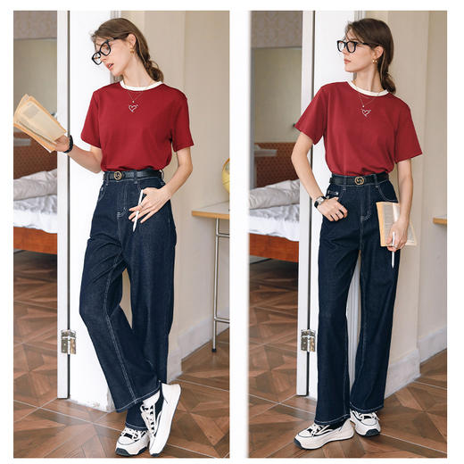 OLrain欧芮儿红色宽松T恤女春夏2024年新款百搭减龄爱心刺绣短袖 商品图4