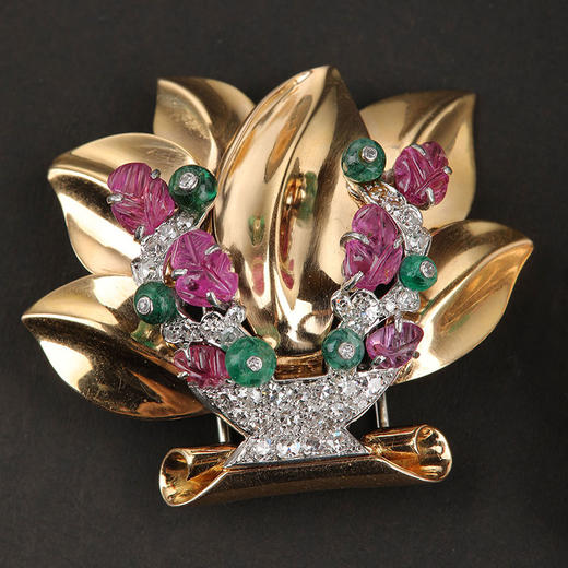 独角鹿西洋古董20世纪法国出品18K黄金镶嵌钻石祖母绿及红宝石水果锦囊风格花篮造型胸针一对 商品图2