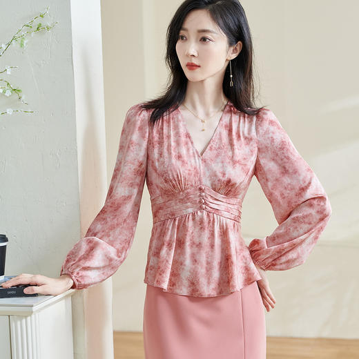 米思阳2026春季新款优雅修身气质衬衫高腰风琴褶设计晕染上衣0265 商品图3