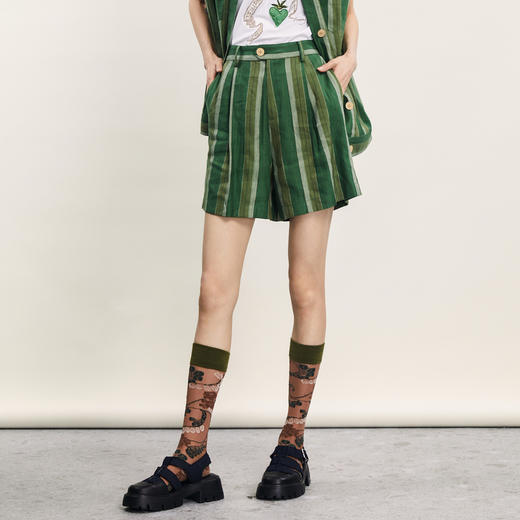 谜底H型直筒短裤女2024年夏季新品复古条纹亚麻透气裤子242MK0665 商品图0