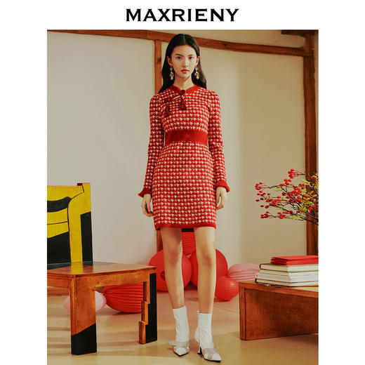 MAXRIENY新中式千鸟格连衣裙复古旗袍泡泡袖收腰裙子新年春节穿搭(货号:MS88DR005) 商品图1