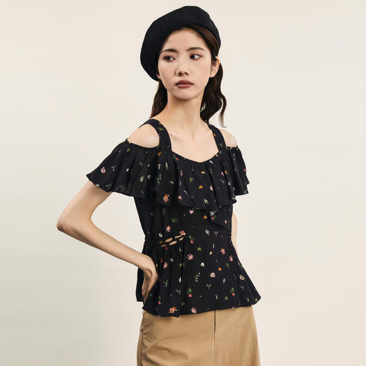 谜底露肩修身上衣短袖女2024夏季新品优雅浪漫碎花小衫242MS0717 商品图3