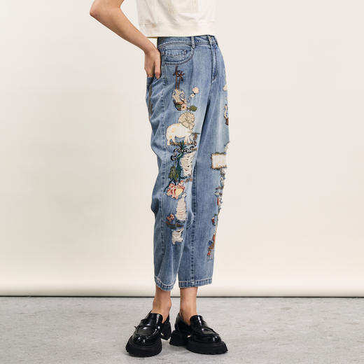 谜底萝卜裤女2024夏季新品复古重工绣花破洞宽松九分裤242MK0666 商品图1