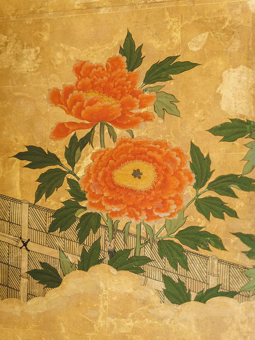 【已售】独角鹿西洋古董18世纪末日本江户时期出品琳派风格牡丹图纸本金地六曲屏风 商品图2