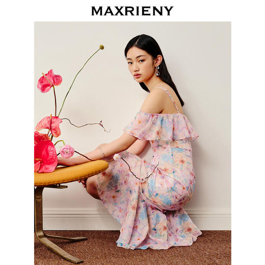 【浪漫当夏】MAXRIENY日落橙花连衣裙浪漫郁金香吊带连衣裙碎花裙(货号:MS88DR277) 商品图1