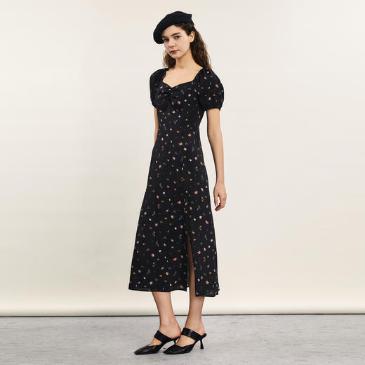 谜底碎花连衣裙短袖女2024夏季新品优雅浪漫前开叉长裙242ML0699 商品图1