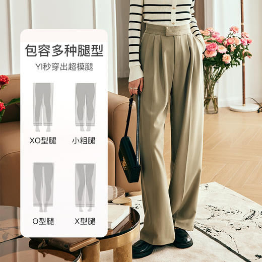 OLrain欧芮儿法式豆绿色休闲裤女夏季2023年新款高腰阔腿垂感长裤 商品图7
