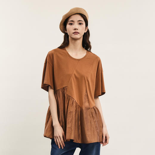 谜底宽松T恤短袖女2024夏季新品时尚拼接A型中长款上衣242MT0608 商品图0