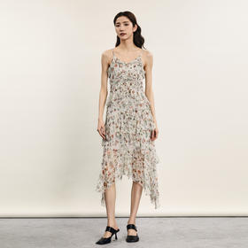 谜底吊带连衣裙2024夏季新品复古法式桑蚕丝碎花中长裙242GL0609