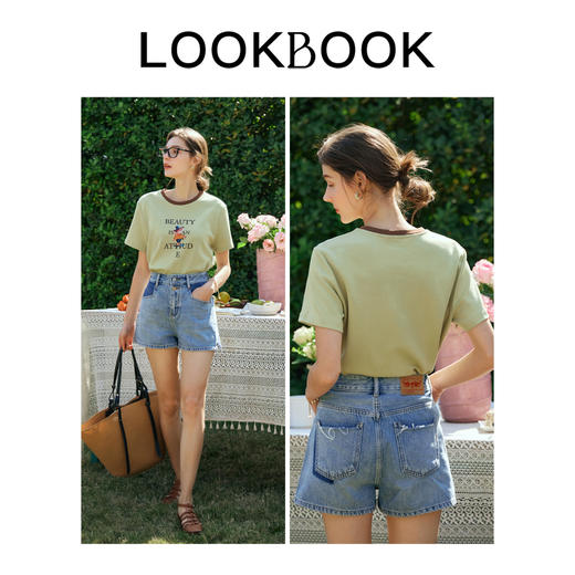 OLrain欧芮儿果绿色短袖T恤女夏季2024新款趣味印花撞色圆领上衣 商品图4