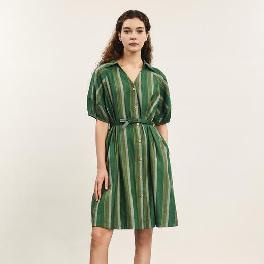 谜底衬衫裙短袖2024夏新品复古宽松中长款连衣裙配腰带242ML0582 商品图0