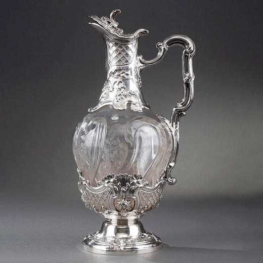 独角鹿西洋古董19世纪晚期法国出品新古典主义风格纯银精雕蚀刻水晶克莱雷酒壶一对 商品图2