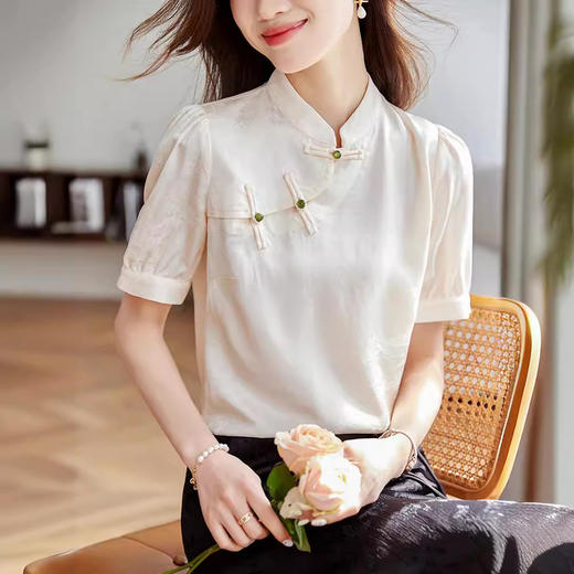 HT-8850新中式国风气质短袖衬衫女夏装夏季新款复古显瘦小衫女士上衣 商品图0