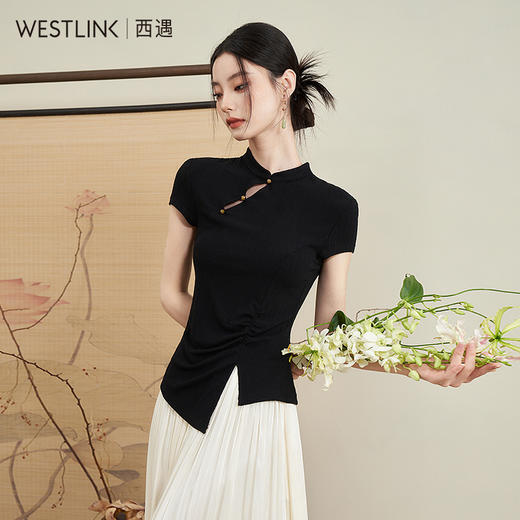 西遇新中式改良旗袍短袖T恤女夏季新款优雅正肩江南美人上衣D1440967 商品图0