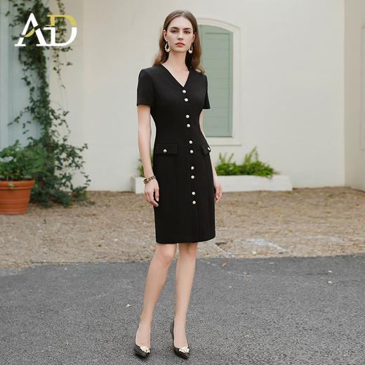 AD法式轻熟风连衣裙女高端单排扣职业西装裙中长款V领赫本小黑裙 商品图3