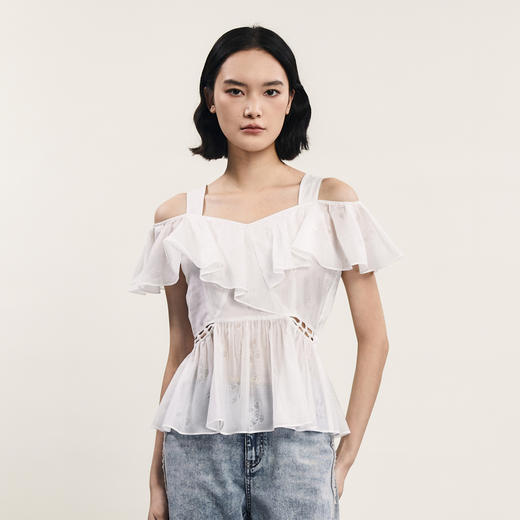 谜底露肩上衣短袖女2024年夏季新品浪漫少女感亲肤小衫242MS0667 商品图0