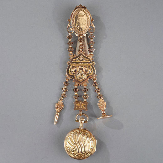 独角鹿西洋古董19世纪瑞士出品18K黄金雕饰贵族定制腰链怀表 商品图0