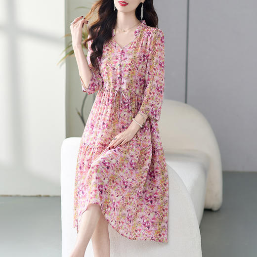 69441春季女中长款春夏新款桑蚕丝真丝连衣裙系带收腰碎花裙 商品图0