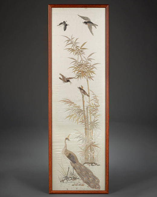 独角鹿西洋古董20世纪初中国出品传统四季花鸟主题粤绣四条屏 商品图2