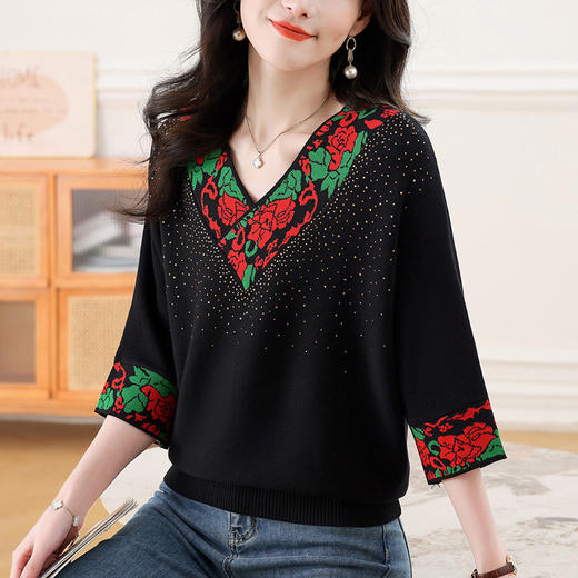 五分袖国风印花，V领冰丝t恤针织衫CC-21-335 商品图0