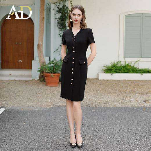 AD法式轻熟风连衣裙女高端单排扣职业西装裙中长款V领赫本小黑裙 商品图0