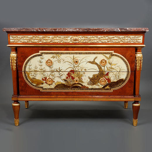 独角鹿西洋古董19世纪末法国出品帝政风格铜鎏金精雕镶嵌游鱼戏水主题漆板大理石桌面边柜 商品图0