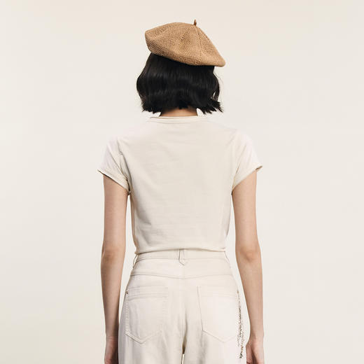 谜底V领T恤短袖女2024年夏季新品百搭纯色修身高弹上衣242MT0572 商品图2