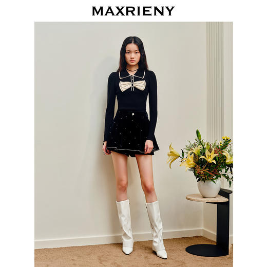 MAXRIENY法式复古丝绒烫钻裤裙廓形a字短裤秋款华丽精致感热裤(货号:MS87PA515) 商品图1