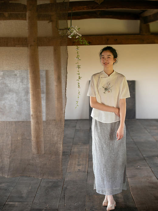 牧衣游原创 炒色棉麻半裙女夏新款轻薄复古气质半身裙百搭 闲点茶 商品图1