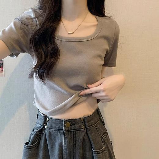 【69元2件】女法式方领短袖T恤 夏季辣妹弧形不规则下摆 纯色短款修身正肩内搭打底上衣 商品图1