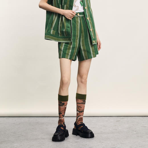 谜底H型直筒短裤女2024年夏季新品复古条纹亚麻透气裤子242MK0665 商品图1