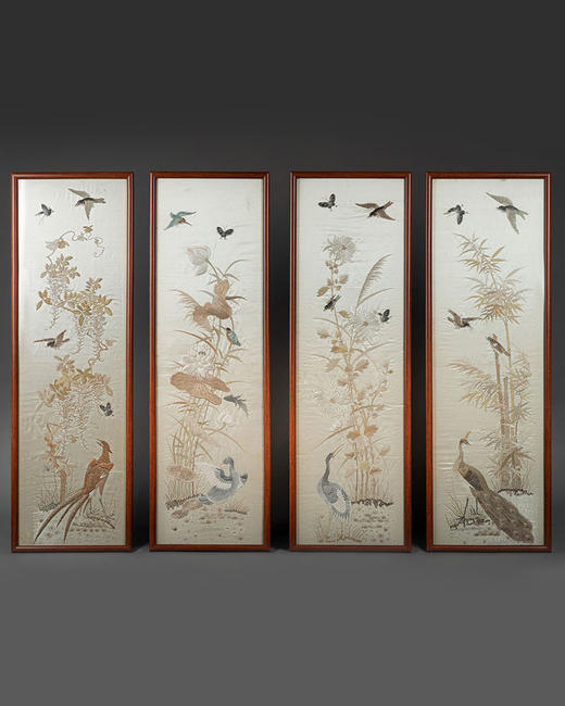 独角鹿西洋古董20世纪初中国出品传统四季花鸟主题粤绣四条屏 商品图1