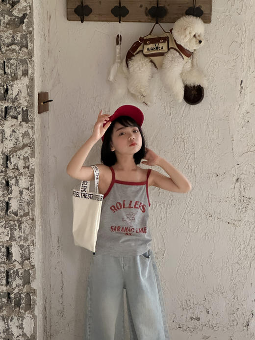 【清新优雅，自由舒适！】童套装2024夏女童韩版字母印花吊带，儿童休闲宽松牛仔阔腿裤两件套！ 商品图3