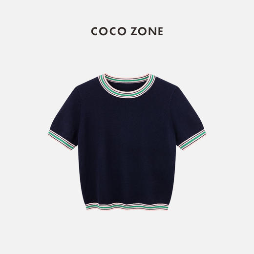 COCO ZONE2024夏百搭圆领撞色针织衫短袖修身套头上衣CC1B0673 商品图0