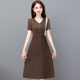 QYM-8901夏款中长款拼色时髦修身大码雪纺裙V领短袖显瘦时尚连衣裙