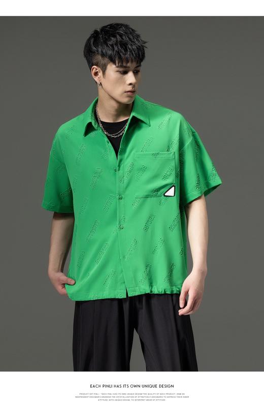PINLI品立夏季新款纯色翻领衬衫潮牌字母短袖衬衣休闲男上衣B232113026 商品图4