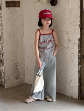 【清新优雅，自由舒适！】童套装2024夏女童韩版字母印花吊带，儿童休闲宽松牛仔阔腿裤两件套！