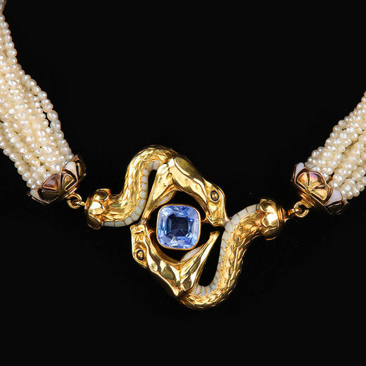 独角鹿西洋古董1920年代法国出品18K黄金镶嵌蓝宝石蛇形珍珠项链 商品图1