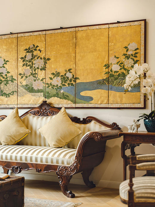 【已售】独角鹿西洋古董18世纪末日本江户时期出品琳派风格牡丹图纸本金地六曲屏风 商品图1