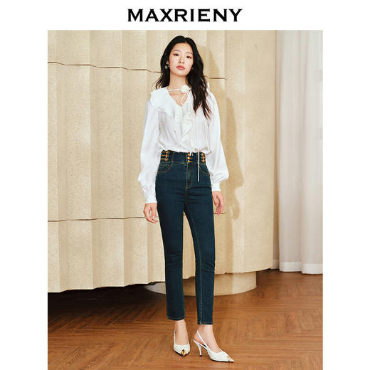 MAXRIENY精致浪漫感烫钻手工盘花上衣2024春季新品温柔风衬衫女(货号:MS85TP045) 商品图1