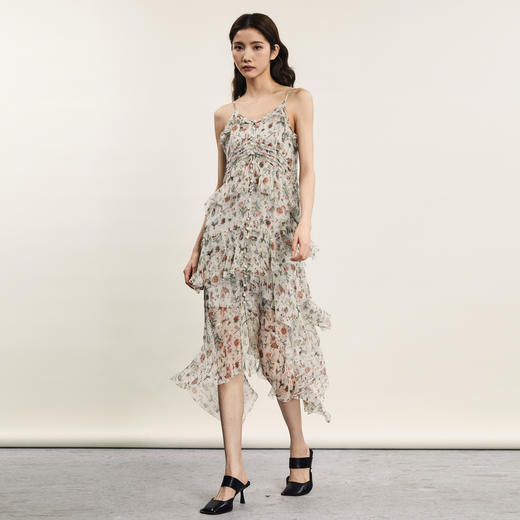 谜底吊带连衣裙2024夏季新品复古法式桑蚕丝碎花中长裙242GL0609 商品图1
