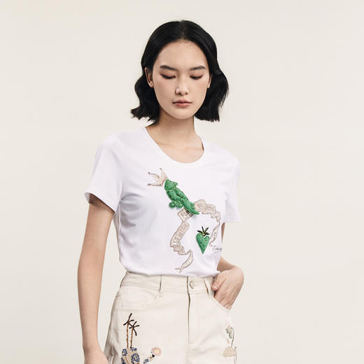 谜底圆领印花T恤女2024年夏季新品时尚绣花修身百搭上衣242MT0527 商品图1