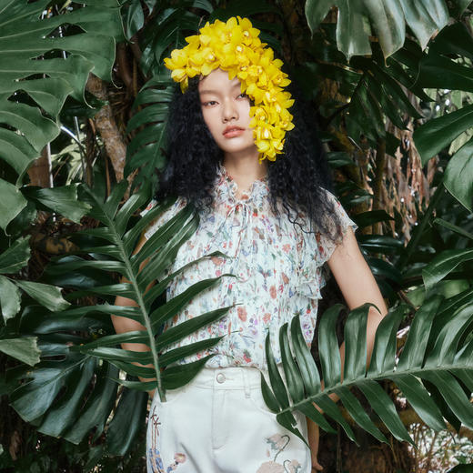 谜底碎花上衣短袖女2024夏季新品复古法式浪漫真丝衬衫242GS0607 商品图0