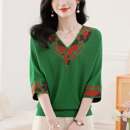 五分袖国风印花，V领冰丝t恤针织衫CC-21-335 商品图2